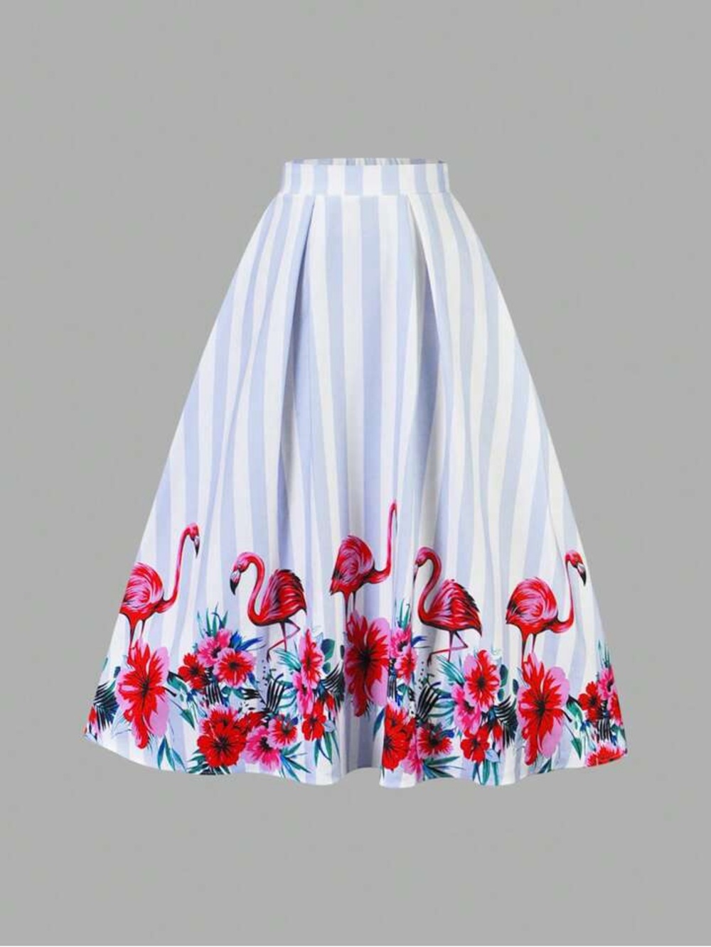 Striped Floral Flamingo Pleated A-Line Skirt - Medium - Picture 4 of 5